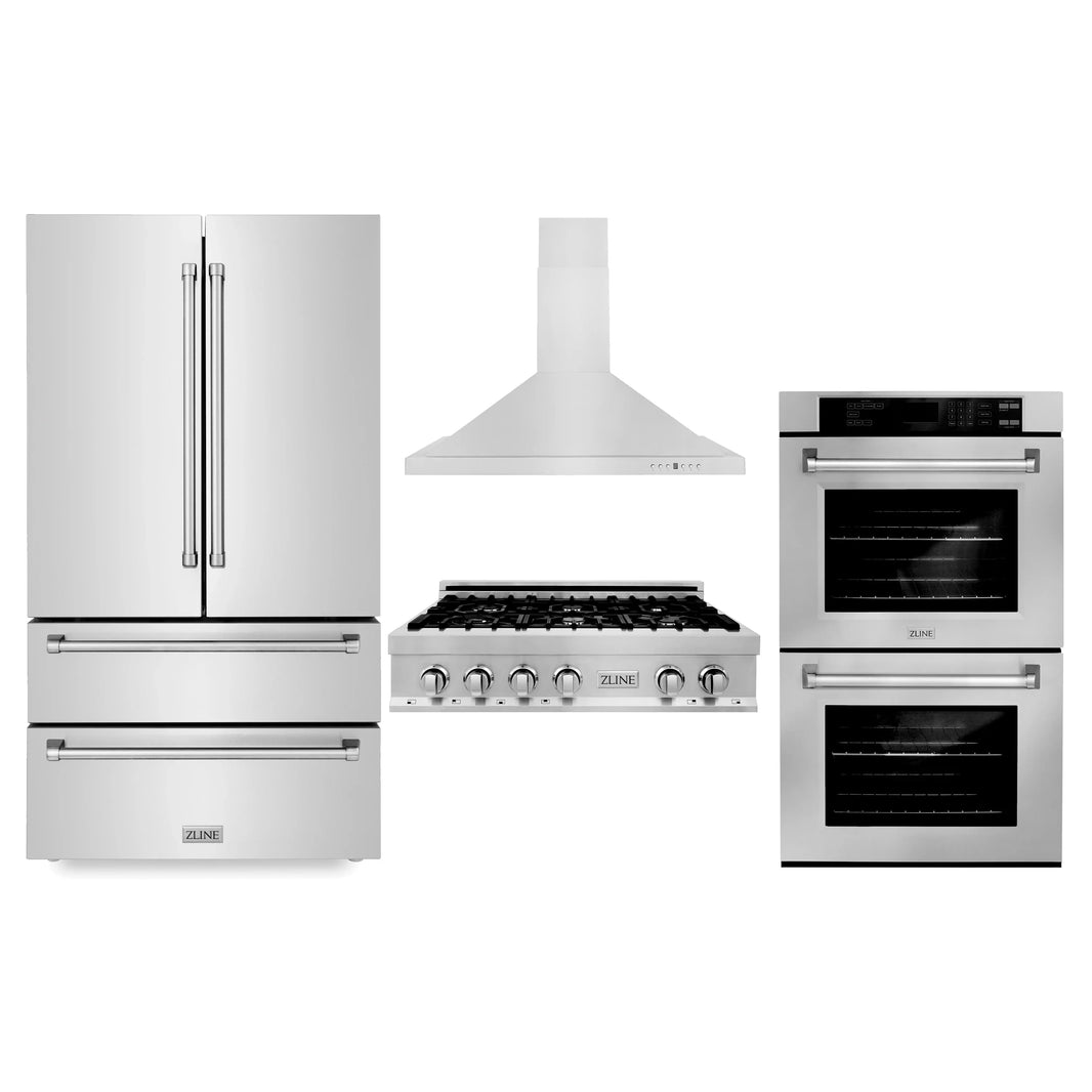 ZLINE 4-Piece Appliance Package - 36" Rangetop, 30” Double Wall Oven, 36” Refrigerator, and Convertible Wall Mount Hood in Stainless Steel (4KPR-RTRH36-AWD)