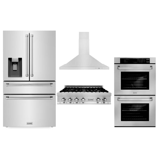 ZLINE 4-Piece Appliance Package - 36" Rangetop, 30” Double Wall Oven, 36” Refrigerator with Water Dispenser, and Convertible Wall Mount Hood in Stainless Steel (4KPRW-RTRH36-AWD)