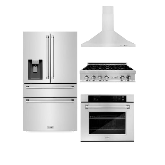 ZLINE 4-Piece Appliance Package - 36" Rangetop, 30” Wall Oven, 36” Refrigerator with Water Dispenser, and Convertible Wall Mount Hood in Stainless Steel (4KPRW-RTRH36-AWS)