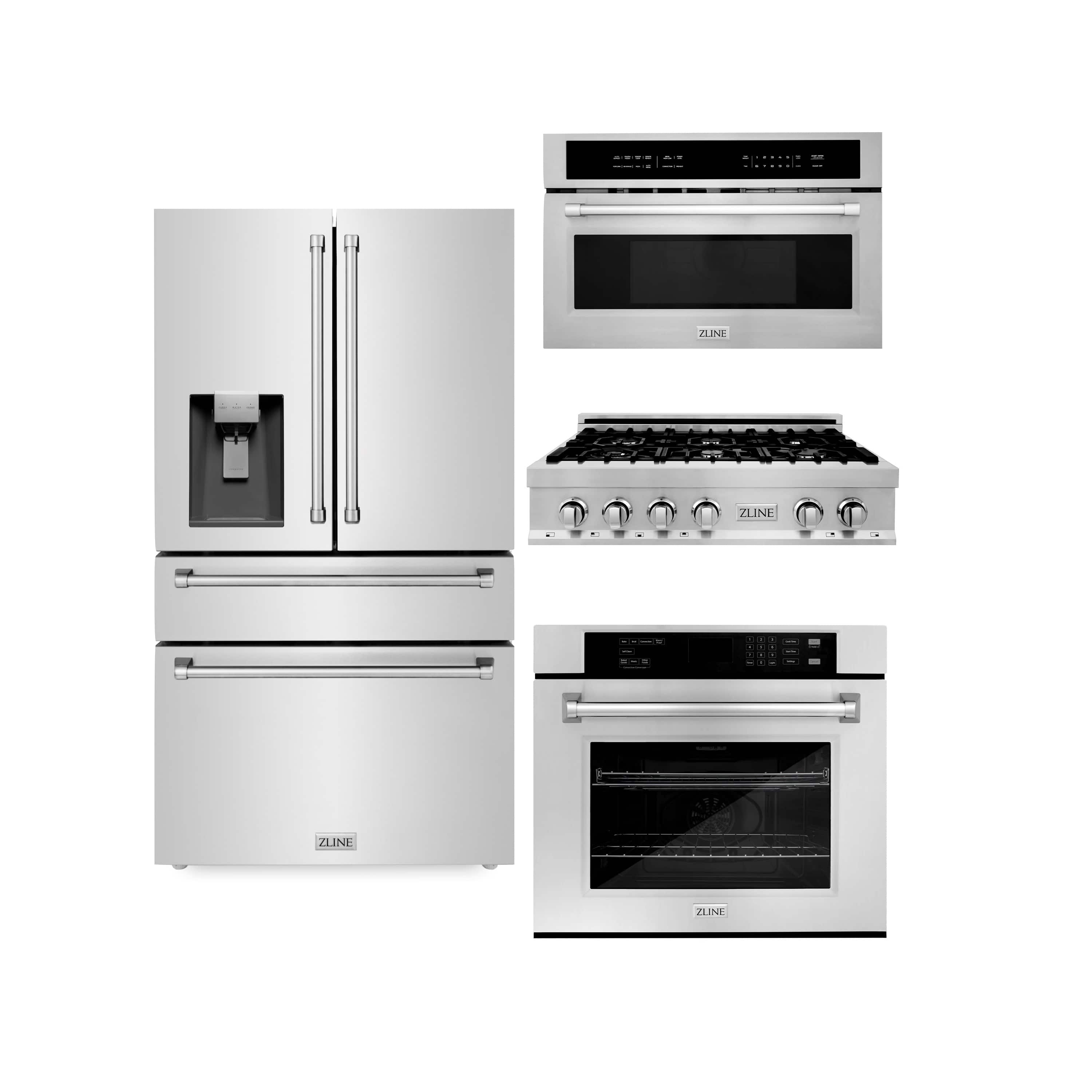 ZLINE 4-Piece Appliance Package - 36" Rangetop, 30” Wall Oven, 36” Refrigerator with Water Dispenser, and Microwave Oven in Stainless Steel (4KPRW-RT36-MWAWS)