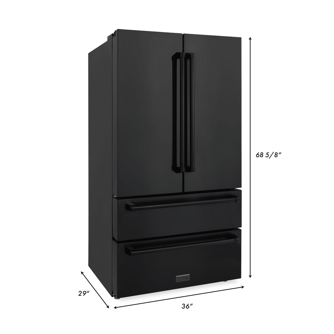 ZLINE 4-Piece Appliance Package - 36" Rangetop with Brass Burners, 36" Refrigerator, 30" Electric Wall Oven, and 30" Microwave Oven in Black Stainless Steel (4KPR-RTB36-MWAWS)