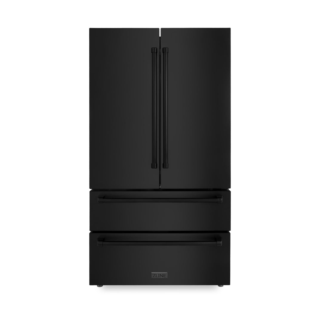 ZLINE 4-Piece Appliance Package - 36" Rangetop with Brass Burners, 36" Refrigerator, 30" Electric Wall Oven, and 30" Microwave Oven in Black Stainless Steel (4KPR-RTB36-MWAWS)