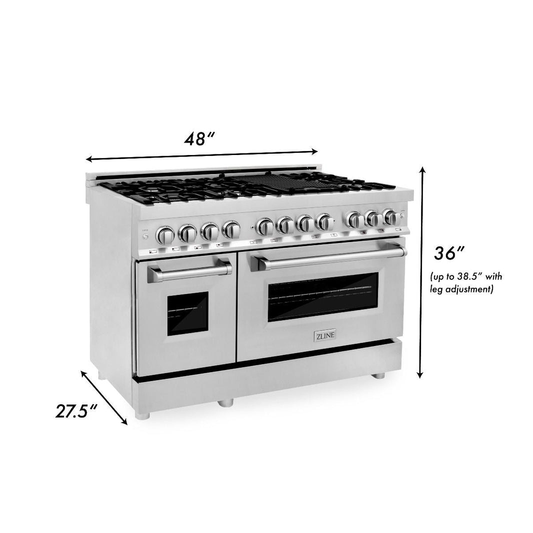 ZLINE 4-Piece Appliance Package - 48" Dual Fuel Range, 36" Refrigerator, Convertible Wall Mount Hood, and 3-Rack Dishwasher in Stainless Steel (4KPR-RARH48-DWV)