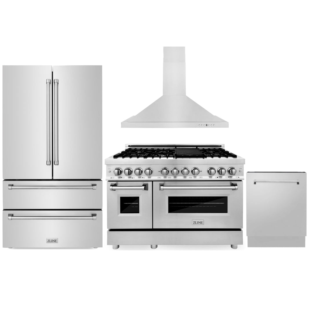 ZLINE 4-Piece Appliance Package - 48" Dual Fuel Range, 36" Refrigerator, Convertible Wall Mount Hood, and 3-Rack Dishwasher in Stainless Steel (4KPR-RARH48-DWV)