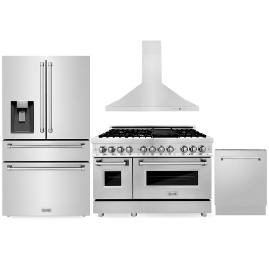 ZLINE 4-Piece Appliance Package - 48" Dual Fuel Range, 36" Refrigerator with Water Dispenser, Convertible Wall Mount Hood, and 3-Rack Dishwasher in Stainless Steel (4KPRW-RARH48-DWV)