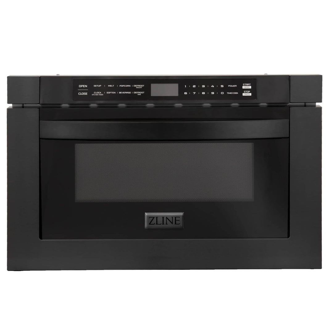 ZLINE 4-Piece Appliance Package - 48" Dual Fuel Range with Brass Burners, Convertible Wall Mount Hood, Microwave Drawer, and 3-Rack Dishwasher in Black Stainless Steel (4KP-RABRH48-MWDWV)