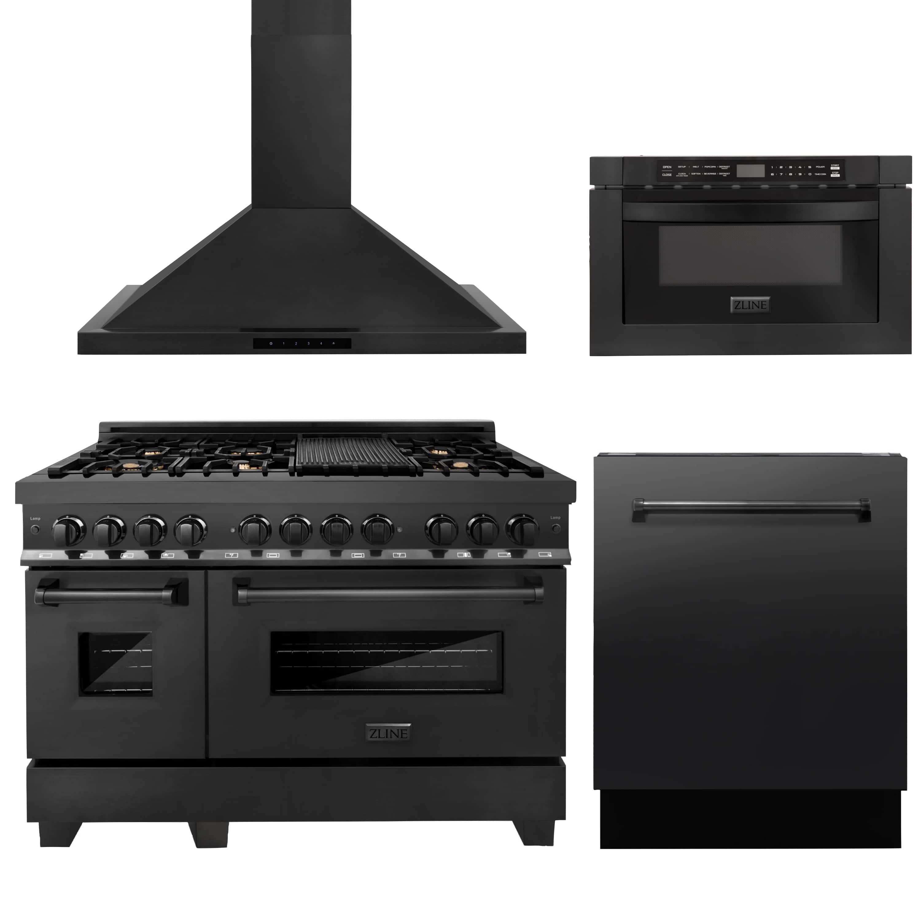 ZLINE 4-Piece Appliance Package - 48" Dual Fuel Range with Brass Burners, Convertible Wall Mount Hood, Microwave Drawer, and 3-Rack Dishwasher in Black Stainless Steel (4KP-RABRH48-MWDWV)