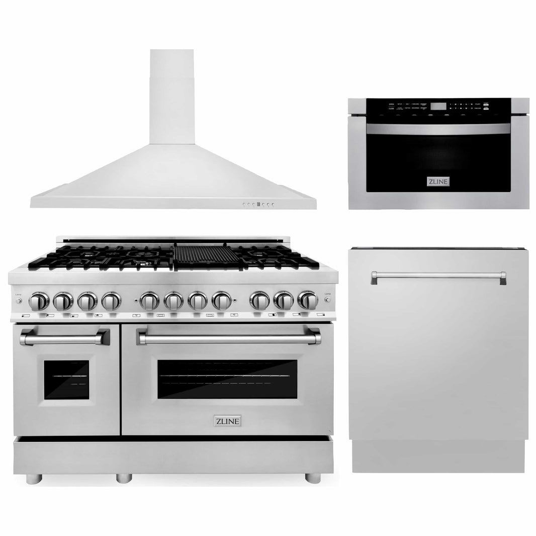 ZLINE 4-Piece Appliance Package - 48-inch Dual Fuel Range, Tall Tub Dishwasher, Microwave Drawer & Convertible Wall Mount Hood (4KP-RARH48-MWDWV)