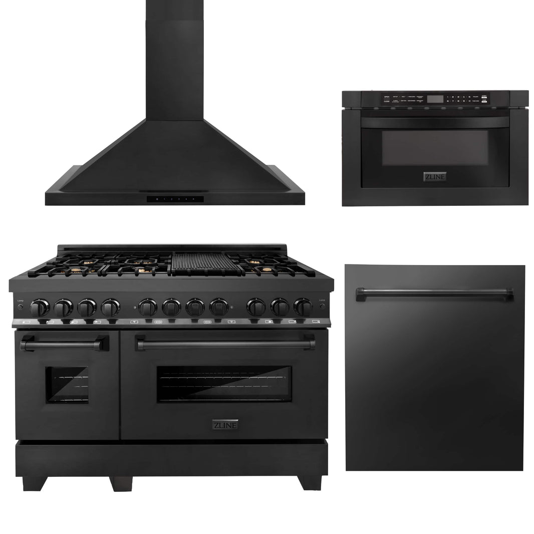 ZLINE 4-Piece Appliance Package - 48-inch Dual Fuel Range with Brass Burners, Dishwasher, Microwave Drawer & Convertible Wall Mount Hood in Black Stainless Steel (4KP-RABRH48-MWDW)