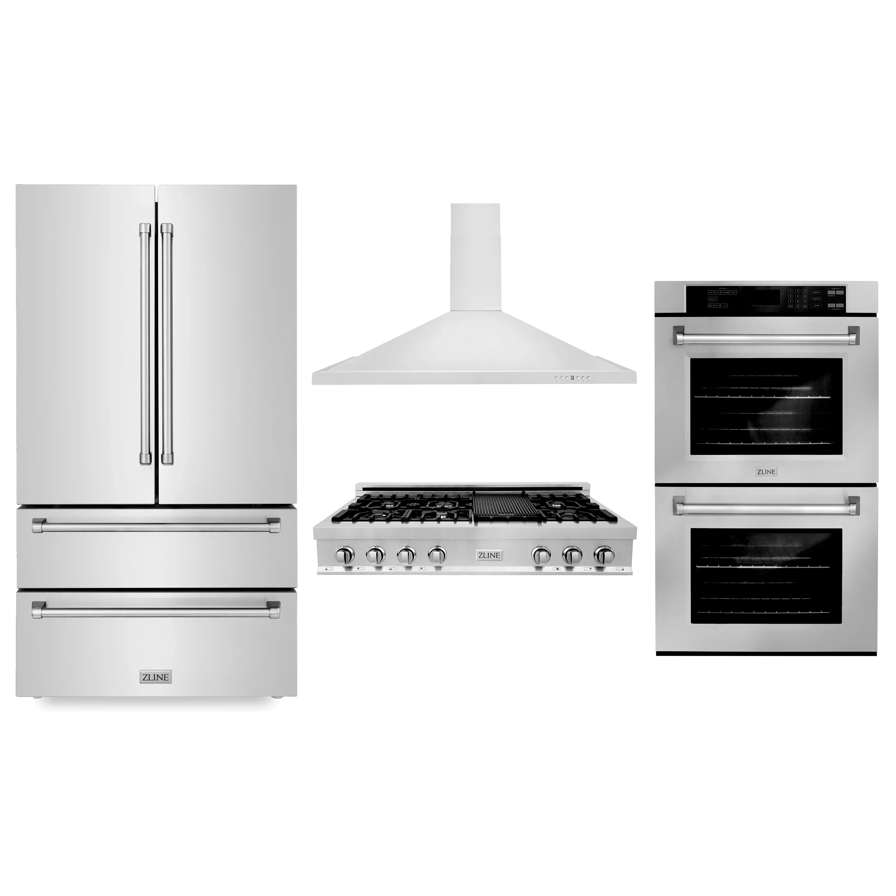 ZLINE 4-Piece Appliance Package - 48" Rangetop, 30” Double Wall Oven, 36” Refrigerator, and Convertible Wall Mount Hood in Stainless Steel (4KPR-RTRH48-AWD)