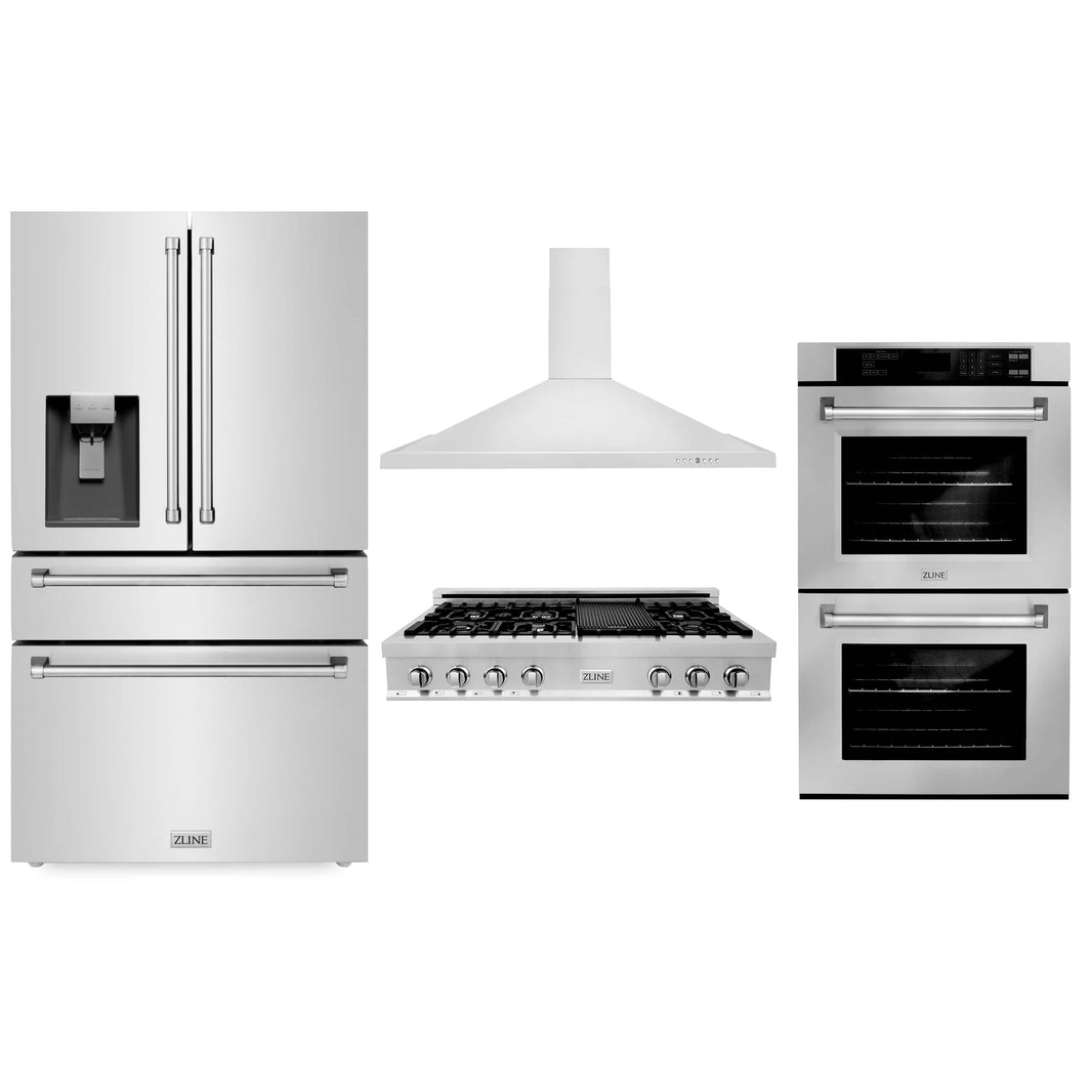 ZLINE 4-Piece Appliance Package - 48" Rangetop, 30” Double Wall Oven, 36” Refrigerator with Water Dispenser, and Convertible Wall Mount Hood in Stainless Steel (4KPRW-RTRH48-AWD)