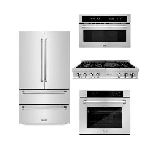 ZLINE 4-Piece Appliance Package - 48" Rangetop, 30” Wall Oven, 36” Refrigerator, and 30" Microwave Oven in Stainless Steel (4KPR-RT48-MWAWS)