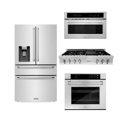 ZLINE 4-Piece Appliance Package - 48" Rangetop, 30” Wall Oven, 36” Refrigerator with Water Dispenser, and 30" Microwave Oven in Stainless Steel (4KPRW-RT48-MWAWS)