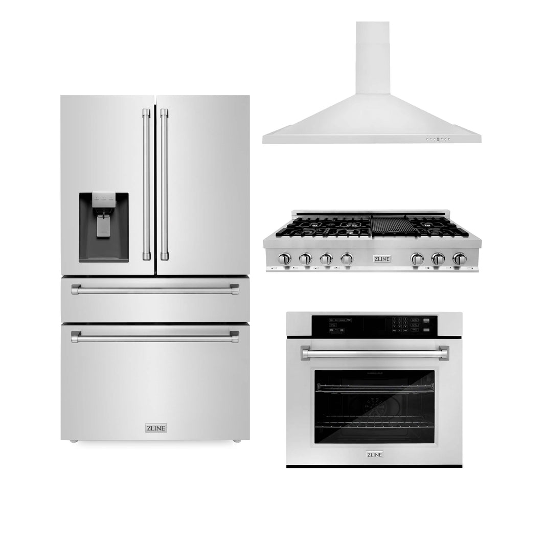 ZLINE 4-Piece Appliance Package - 48" Rangetop, 30” Wall Oven, 36” Refrigerator with Water Dispenser, and Convertible Wall Mount Hood in Stainless Steel (4KPRW-RTRH48-AWS)