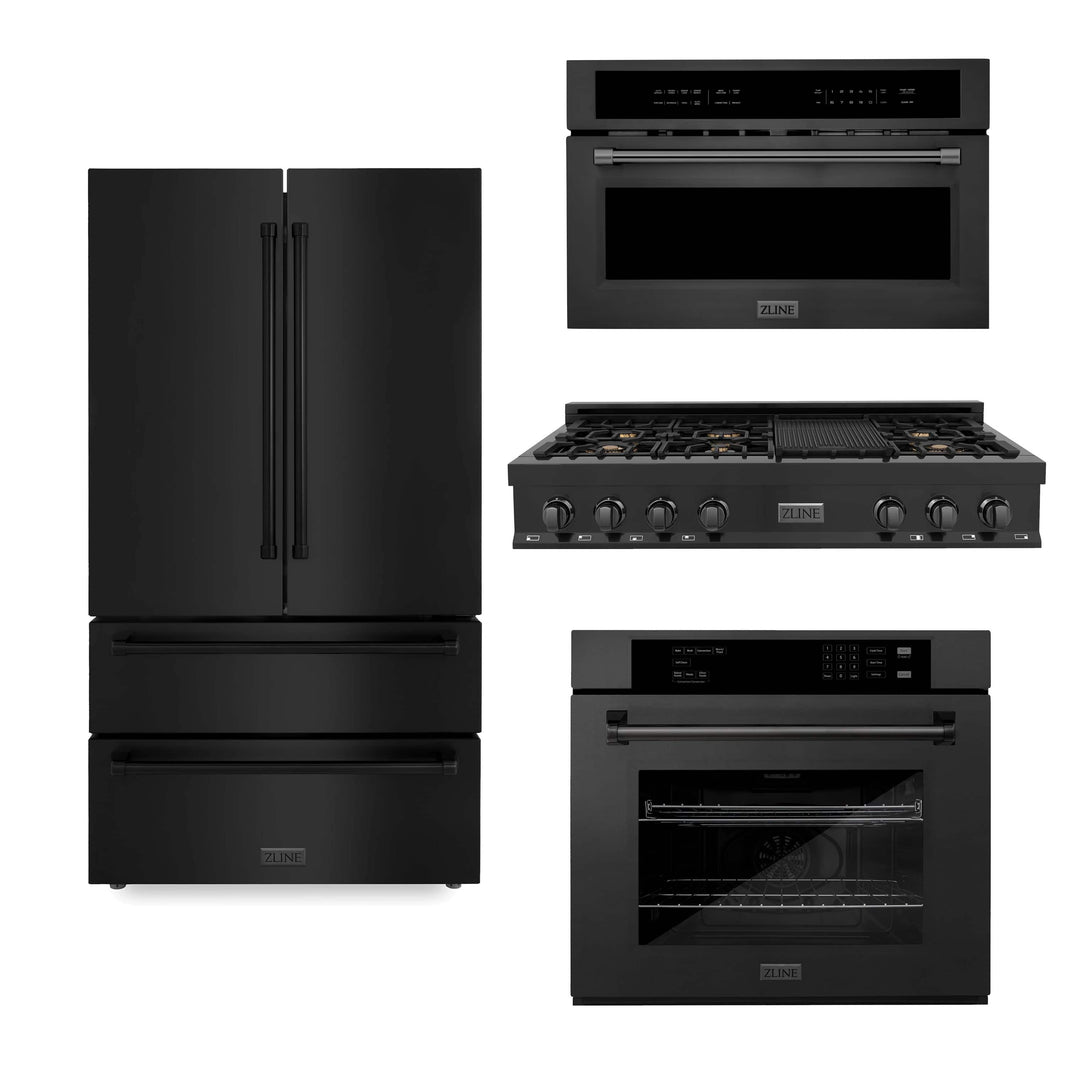 ZLINE 4-Piece Appliance Package - 48" Rangetop with Brass Burners, 36" Refrigerator, 30" Electric Wall Oven, and 30" Microwave Oven in Black Stainless Steel (4KPR-RTB48-MWAWS)