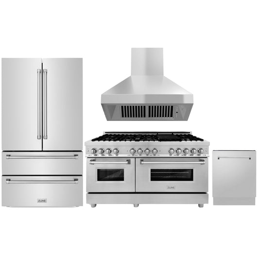 ZLINE 4-Piece Appliance Package - 60" Dual Fuel Range, 36" Refrigerator, Convertible Wall Mount Hood, and 3-Rack Dishwasher in Stainless Steel (4KPR-RARH60-DWV)