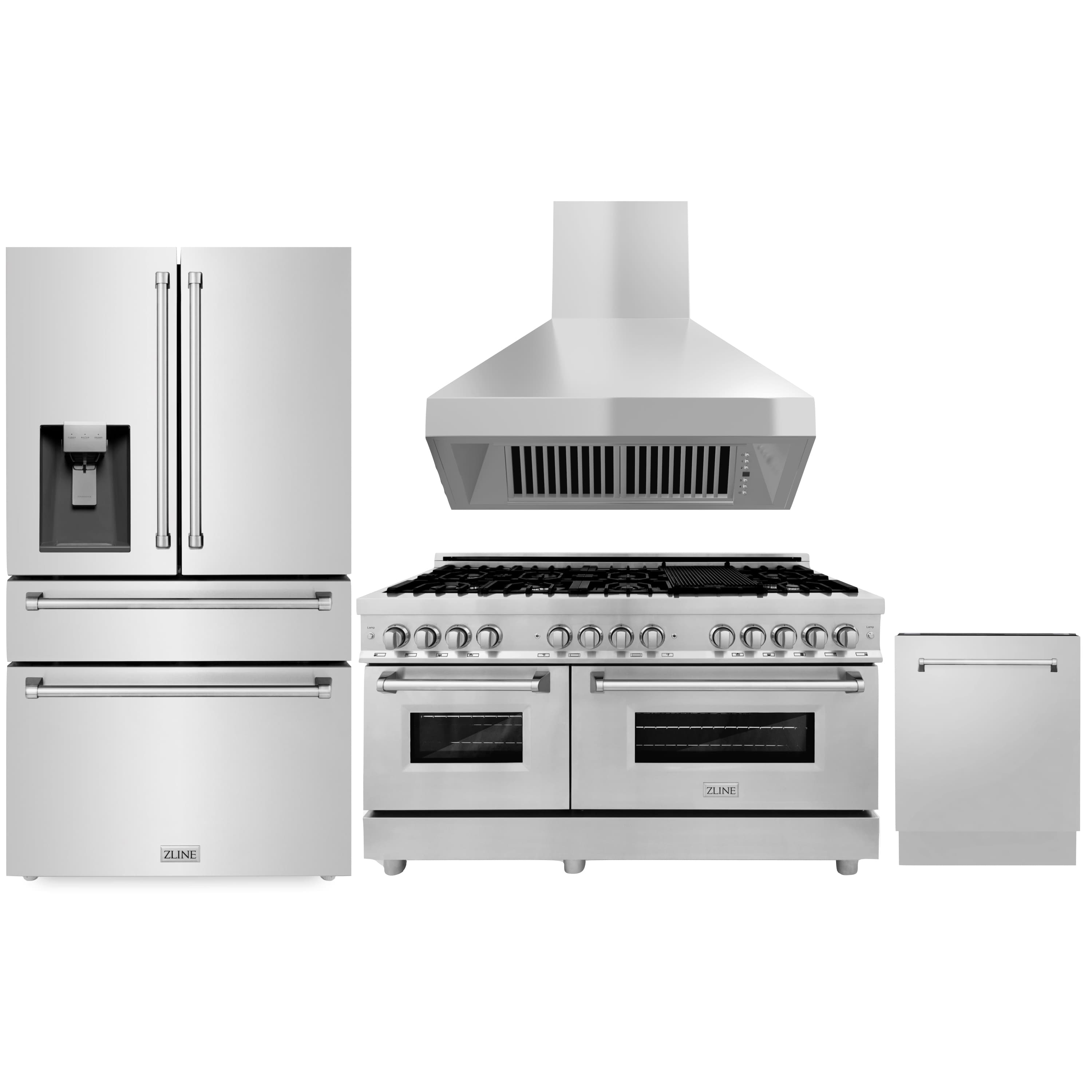 ZLINE 4-Piece Appliance Package - 60" Dual Fuel Range, 36" Refrigerator with Water Dispenser, Convertible Wall Mount Hood, and 3-Rack Dishwasher in Stainless Steel (4KPRW-RARH60-DWV)