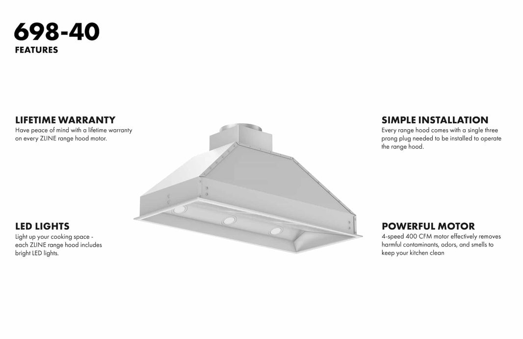 ZLINE 40-Inch Range Hood Insert in Stainless Steel - 18-Inch Depth (698-40)