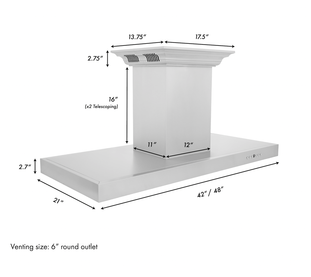 ZLINE 42-Inch Ducted Vent Island Mount Range Hood in Stainless Steel with Built-in CrownSoundBluetooth Speakers (KE2iCRN-BT-42)