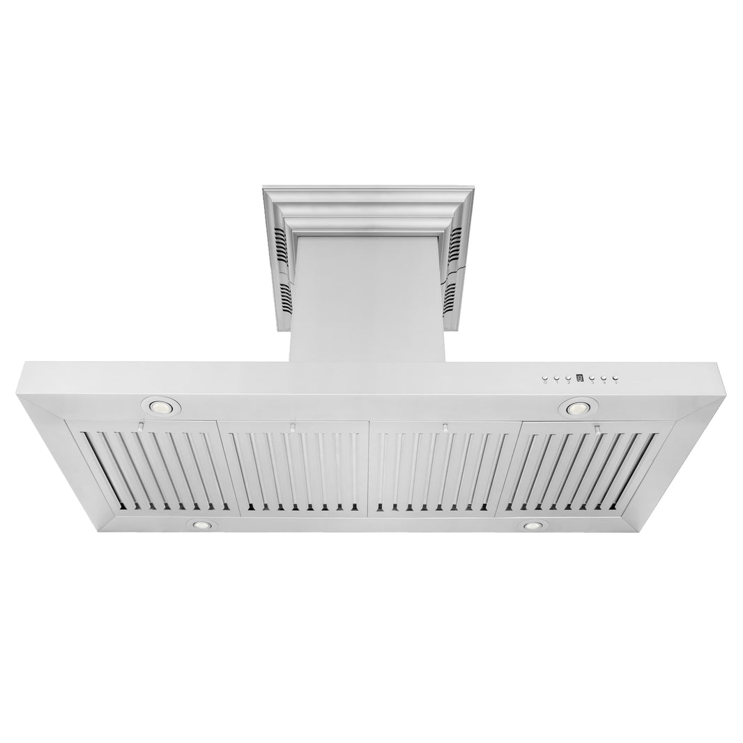 ZLINE 42-Inch Ducted Vent Island Mount Range Hood in Stainless Steel with Built-in CrownSoundBluetooth Speakers (KE2iCRN-BT-42)