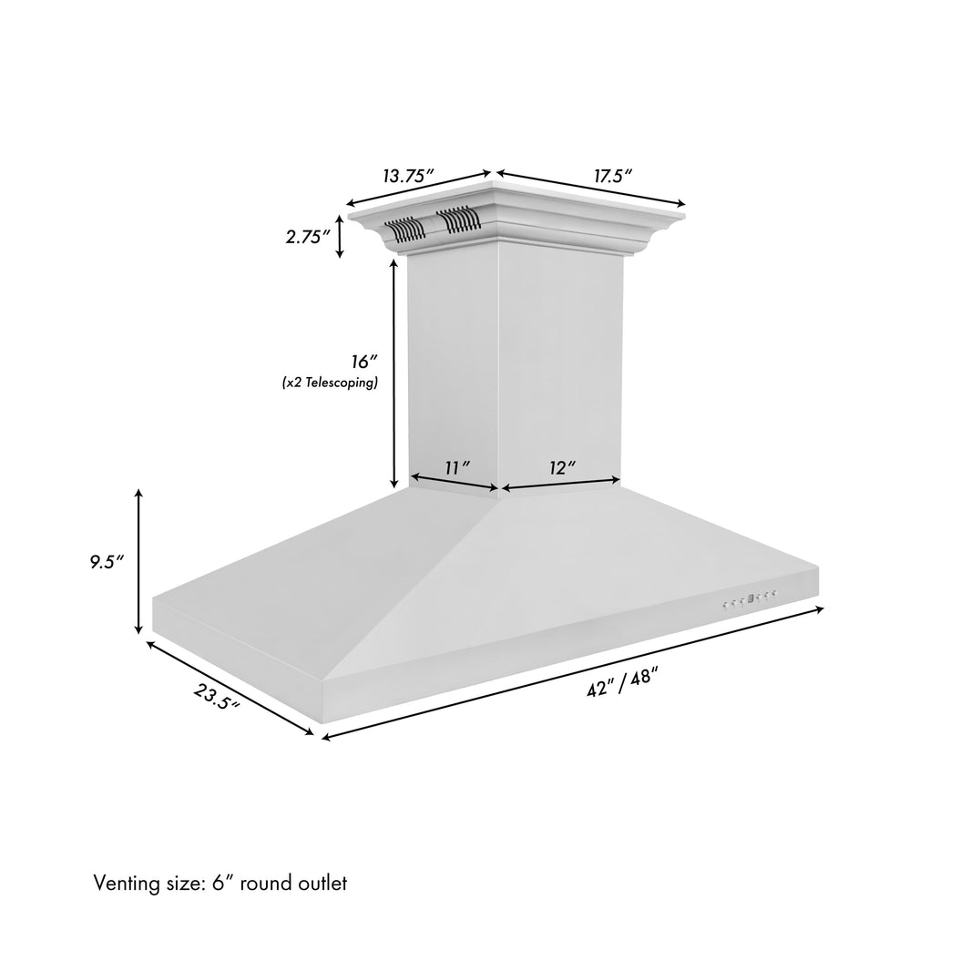 ZLINE 42-Inch Ducted Vent Island Mount Range Hood in Stainless Steel with Built-in CrownSound Bluetooth Speakers (KL3iCRN-BT-42)