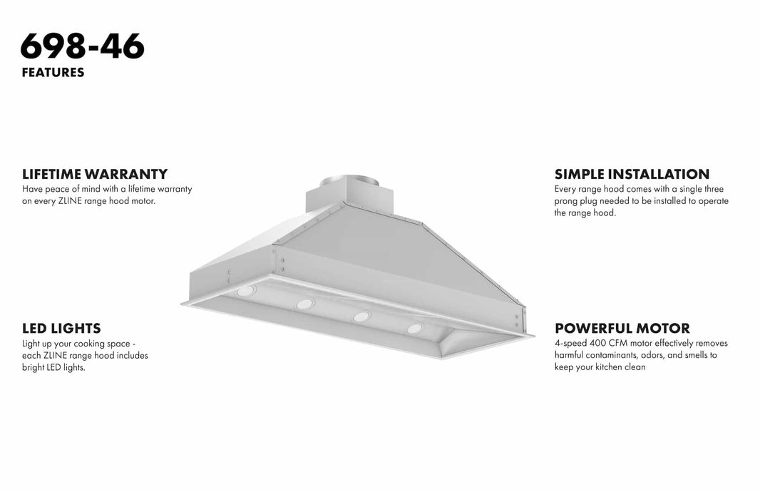 ZLINE 46-Inch Range Hood Insert in Stainless Steel - 18-Inch Depth (698-46)