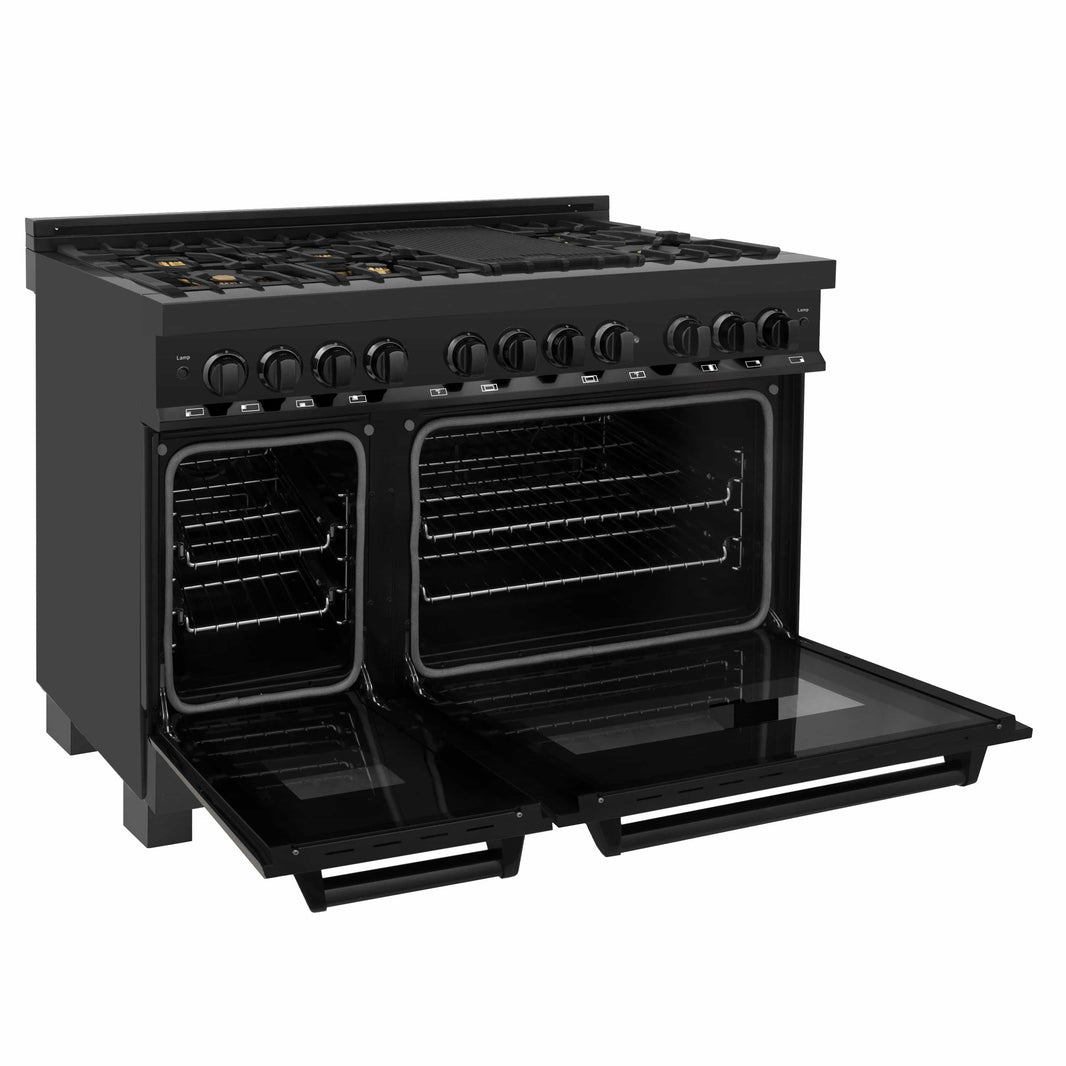 ZLINE 48-Inch 6.0 cu.ft. 7 Gas Burner/Electric Oven Range in Black Stainless Steel with Brass Burners (RAB-48)