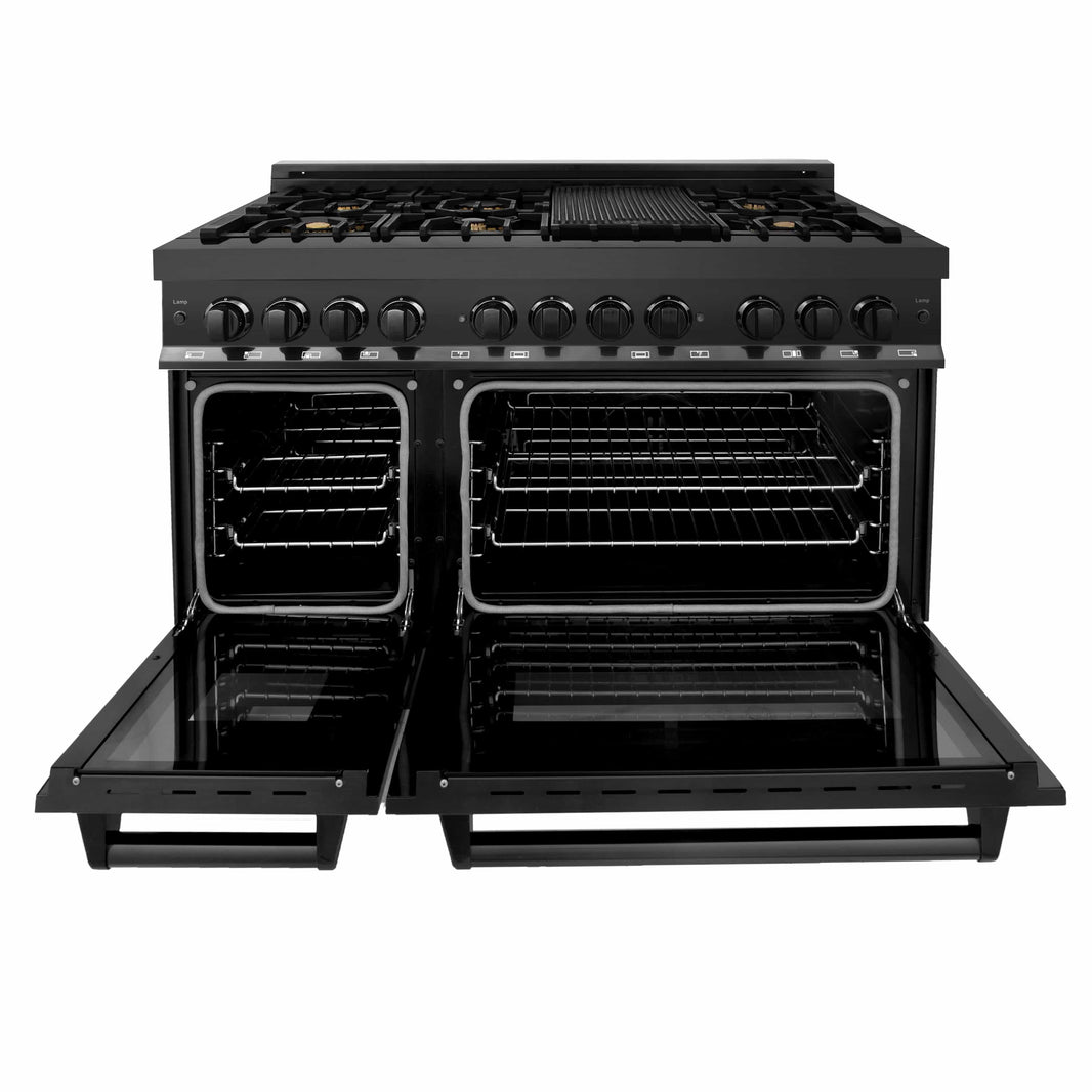 ZLINE 48-Inch 6.0 cu.ft. 7 Gas Burner/Electric Oven Range in Black Stainless Steel with Brass Burners (RAB-48)