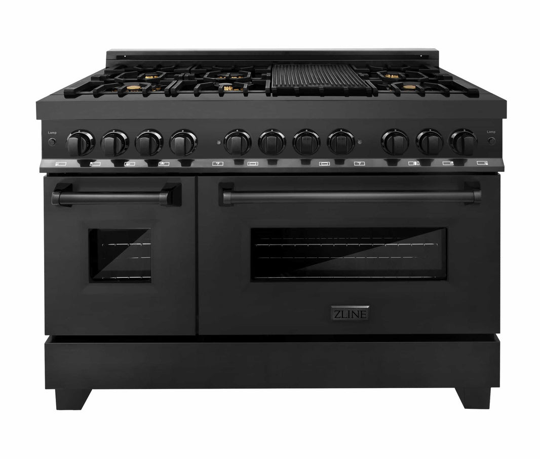 ZLINE 48-Inch 6.0 cu.ft. 7 Gas Burner/Electric Oven Range in Black Stainless Steel with Brass Burners (RAB-48)