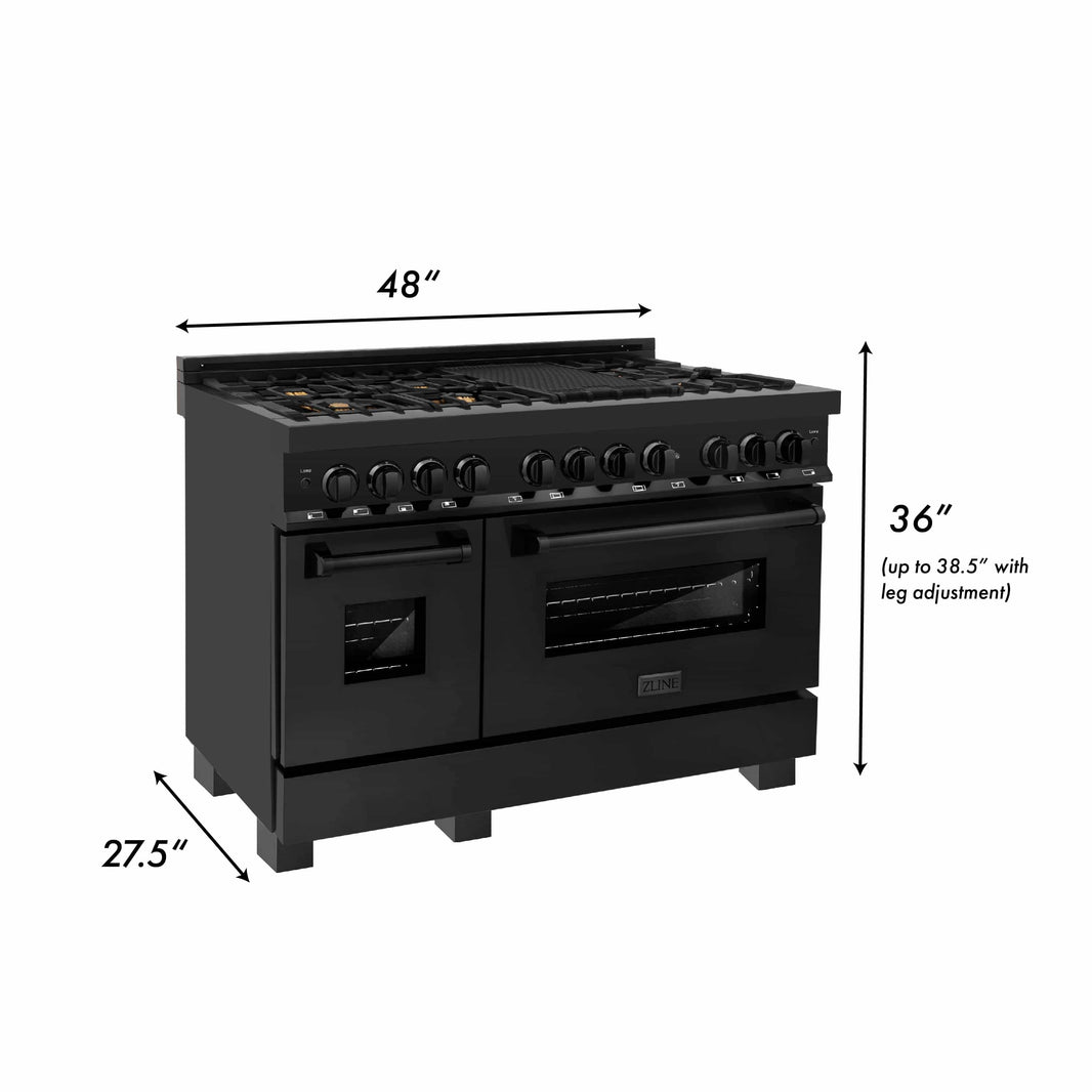 ZLINE 48-Inch 6.0 cu.ft. 7 Gas Burner/Electric Oven Range in Black Stainless Steel with Brass Burners (RAB-48)