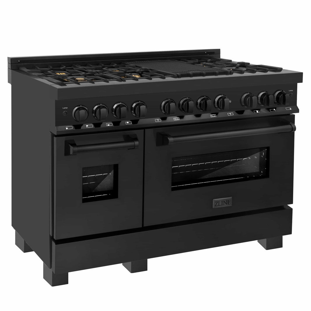 ZLINE 48-Inch 6.0 cu.ft. 7 Gas Burner/Electric Oven Range in Black Stainless Steel with Brass Burners (RAB-48)