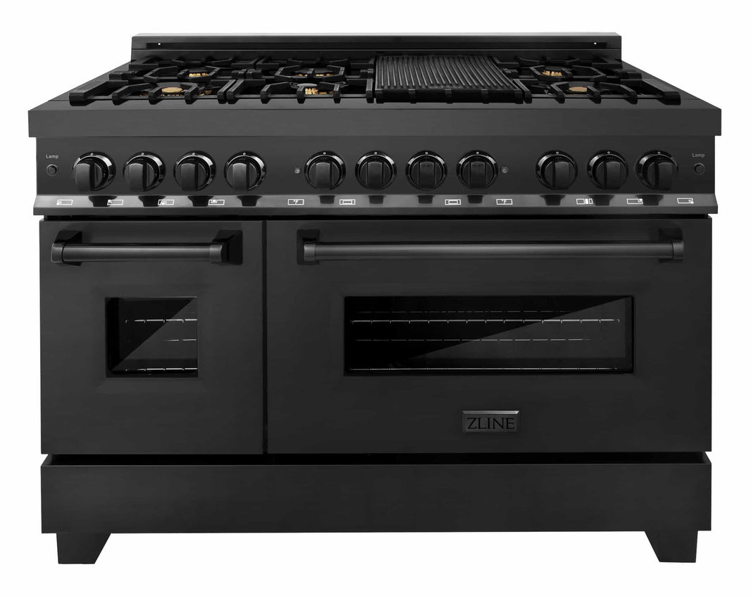 ZLINE 48-Inch 6.0 cu.ft. 7 Gas Burner/Electric Oven Range in Black Stainless Steel with Brass Burners (RAB-48)