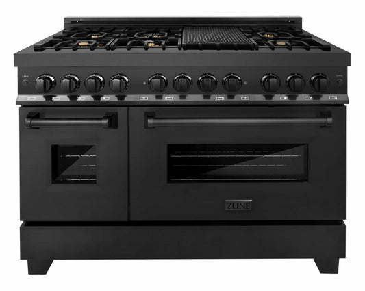 ZLINE 48-Inch 6.0 cu.ft. 7 Gas Burner/Electric Oven Range in Black Stainless Steel with Brass Burners (RAB-48)