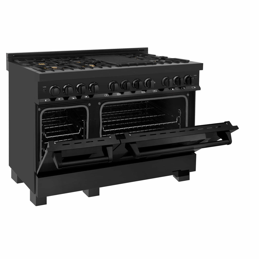 ZLINE 48-Inch 6.0 cu.ft. 7 Gas Burner/Electric Oven Range in Black Stainless Steel with Brass Burners (RAB-48)