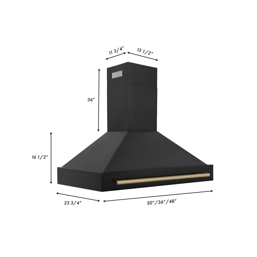 ZLINE 48-Inch Autograph Edition Wall Mount Range Hood in Black Stainless Steel with Champagne Bronze Handle (BS655Z-48-CB)