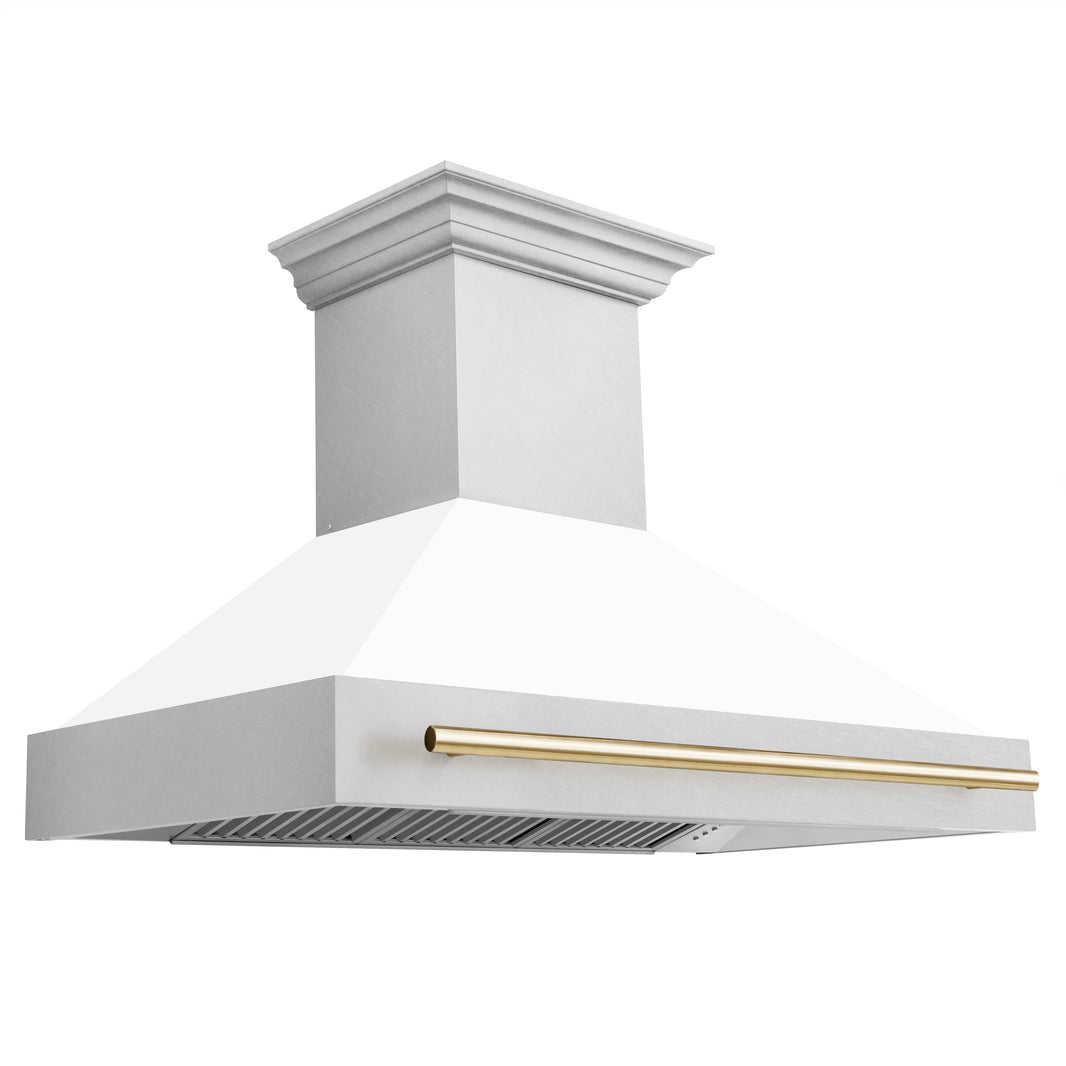 ZLINE 48-Inch Autograph Edition Wall Mount Range Hood in DuraSnow Stainless Steel with White Matte Shell and Gold Handle (8654SNZ-WM48-G)