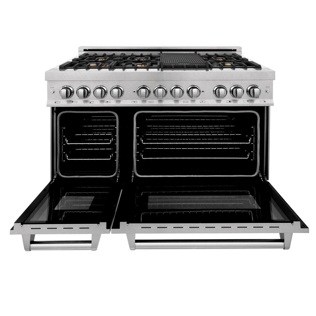 ZLINE 48-Inch Professional 6.0 Cu. Ft. 7 Dual Fuel Range In DuraSnow® Stainless Steel With Brass Burners (RAS-SN-BR-48)