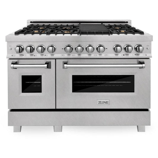 ZLINE 48-Inch Professional 6.0 Cu. Ft. 7 Dual Fuel Range In DuraSnow® Stainless Steel With Brass Burners (RAS-SN-BR-48)