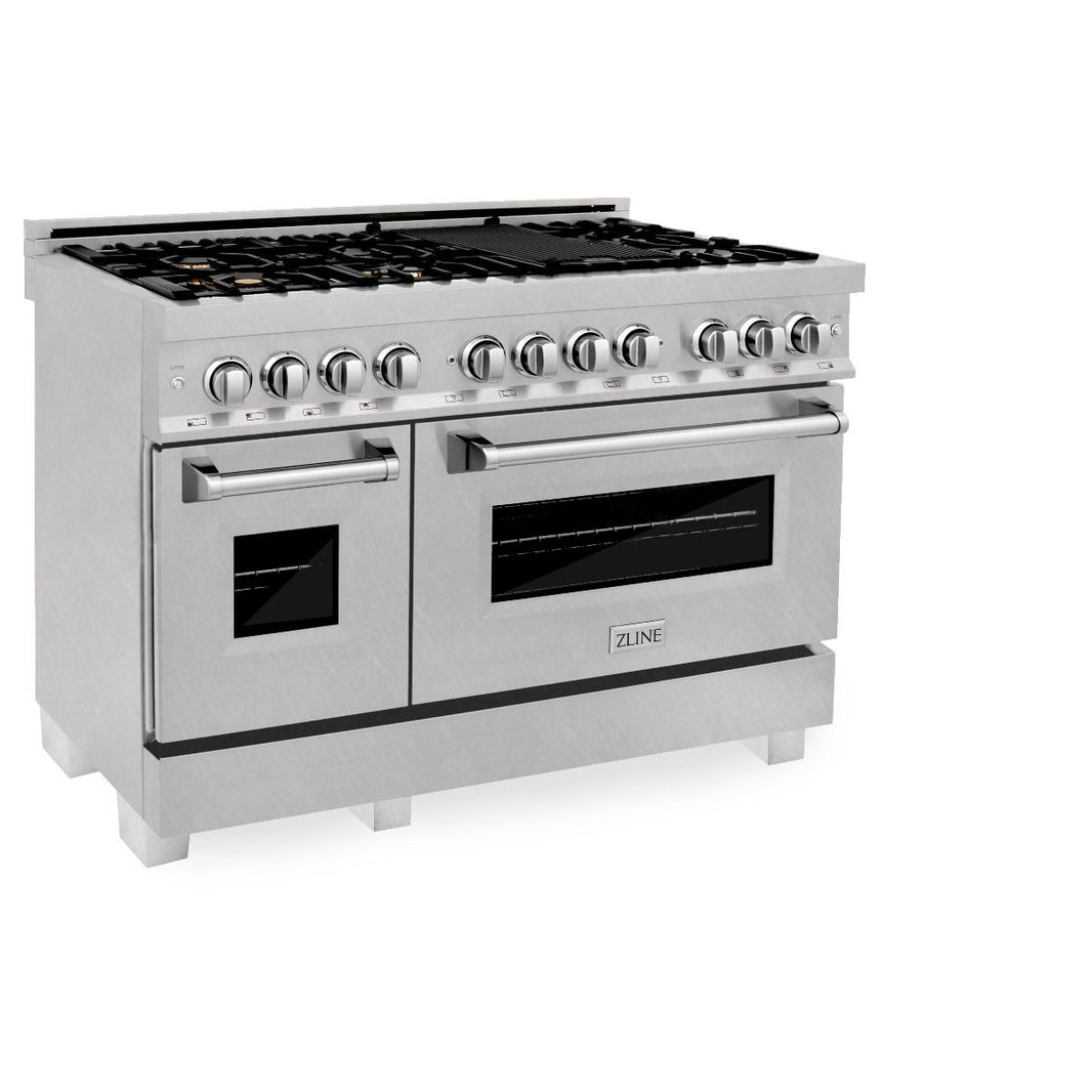 ZLINE 48-Inch Professional 6.0 Cu. Ft. 7 Dual Fuel Range In DuraSnow® Stainless Steel With Brass Burners (RAS-SN-BR-48)