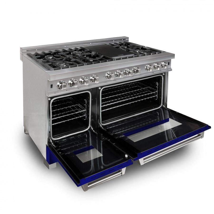 ZLINE 48-Inch Professional Dual Fuel Range in DuraSnow Stainless with Blue Gloss Door (RAS-BG-48)