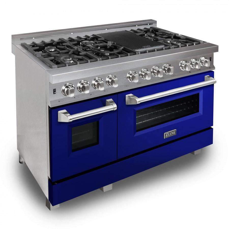 ZLINE 48-Inch Professional Dual Fuel Range in DuraSnow Stainless with Blue Gloss Door (RAS-BG-48)