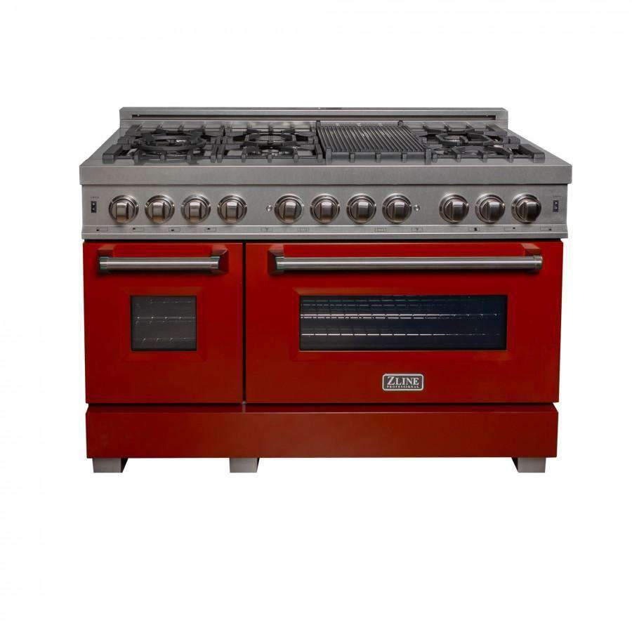 ZLINE 48-Inch Professional Dual Fuel Range in DuraSnow Stainless with Red Gloss Door (RAS-RG-48)