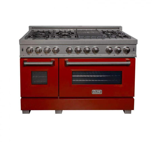 ZLINE 48-Inch Professional Dual Fuel Range in DuraSnow Stainless with Red Gloss Door (RAS-RG-48)