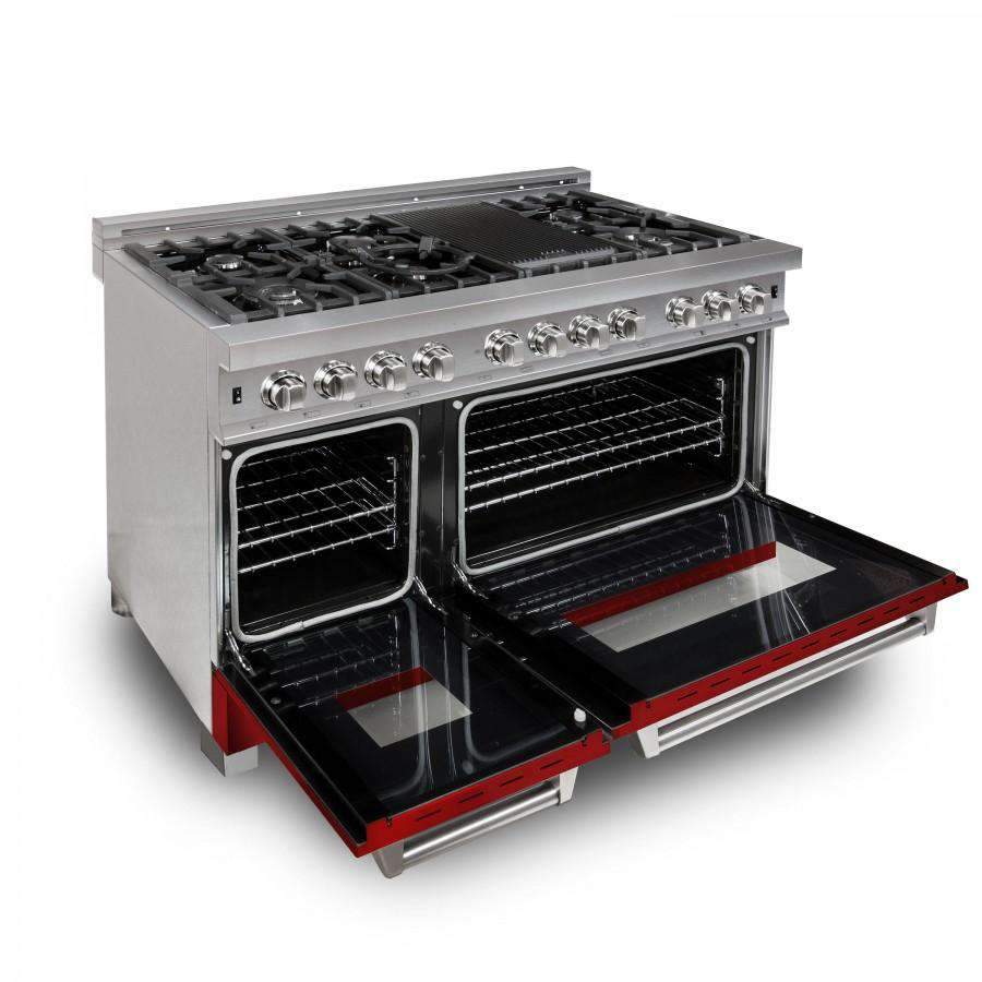 ZLINE 48-Inch Professional Dual Fuel Range in DuraSnow Stainless with Red Gloss Door (RAS-RG-48)