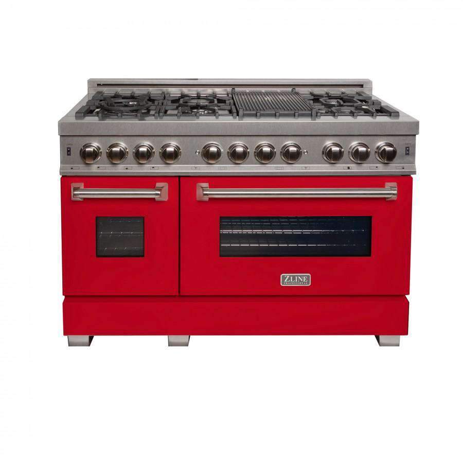 ZLINE 48-Inch Professional Dual Fuel Range in DuraSnow Stainless with Red Matte Door (RAS-RM-48)