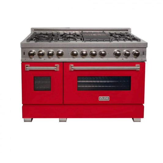 ZLINE 48-Inch Professional Dual Fuel Range in DuraSnow Stainless with Red Matte Door (RAS-RM-48)