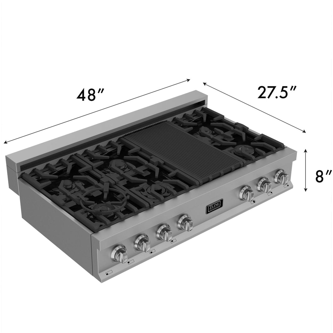 ZLINE 48" Porcelain Gas Stovetop in DuraSnow® Stainless Steel with 7 Gas Burners and Griddle (RTS-48)