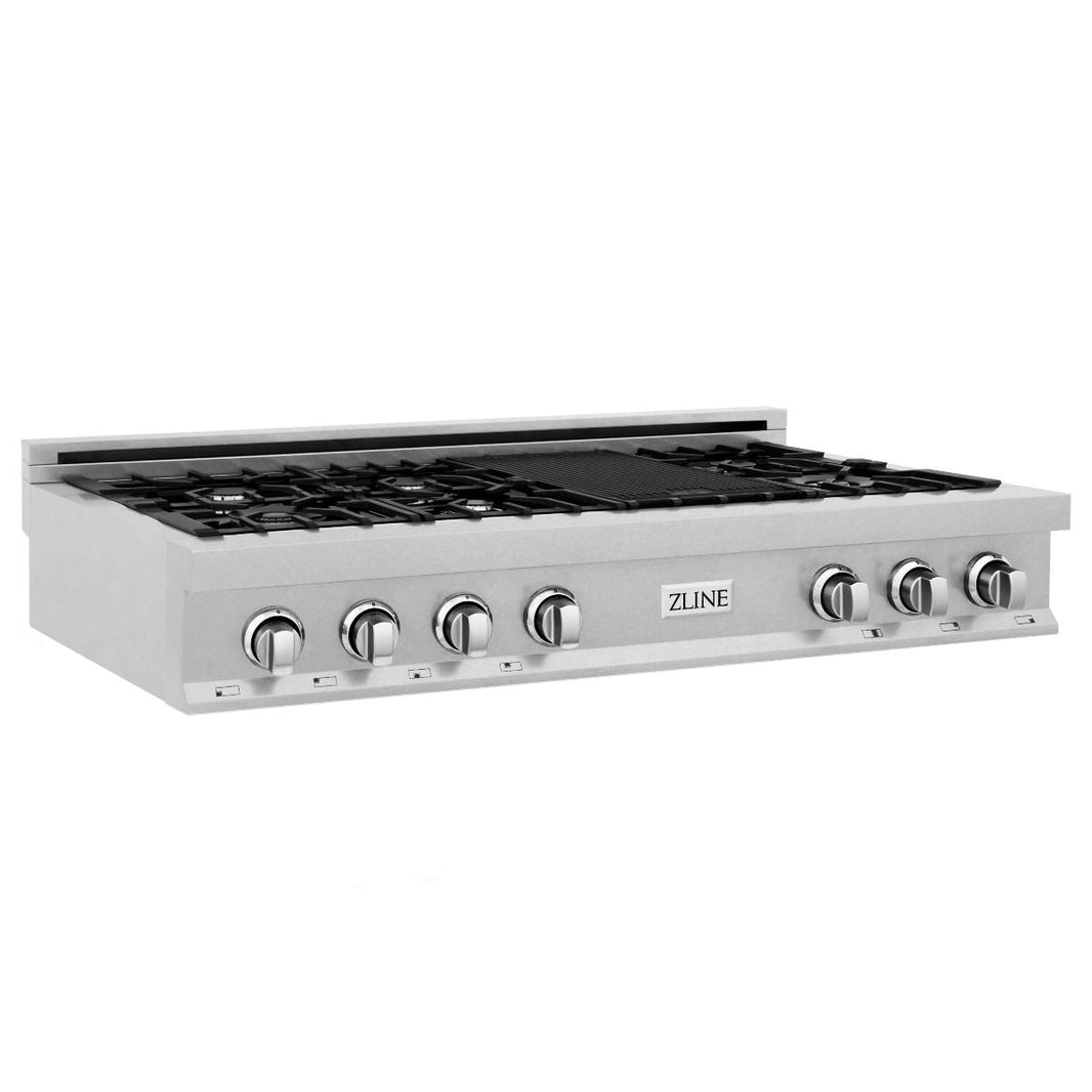 ZLINE 48" Porcelain Gas Stovetop in DuraSnow® Stainless Steel with 7 Gas Burners and Griddle (RTS-48)