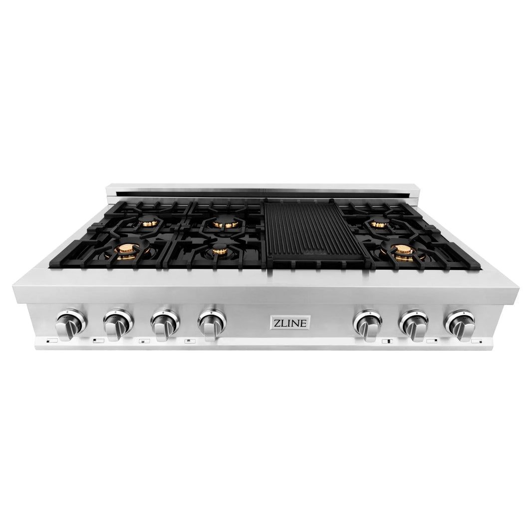 ZLINE 48-Inch Porcelain Gas Stovetop with 7 Gas Brass Burners and Griddle (RT-BR-GR-48)