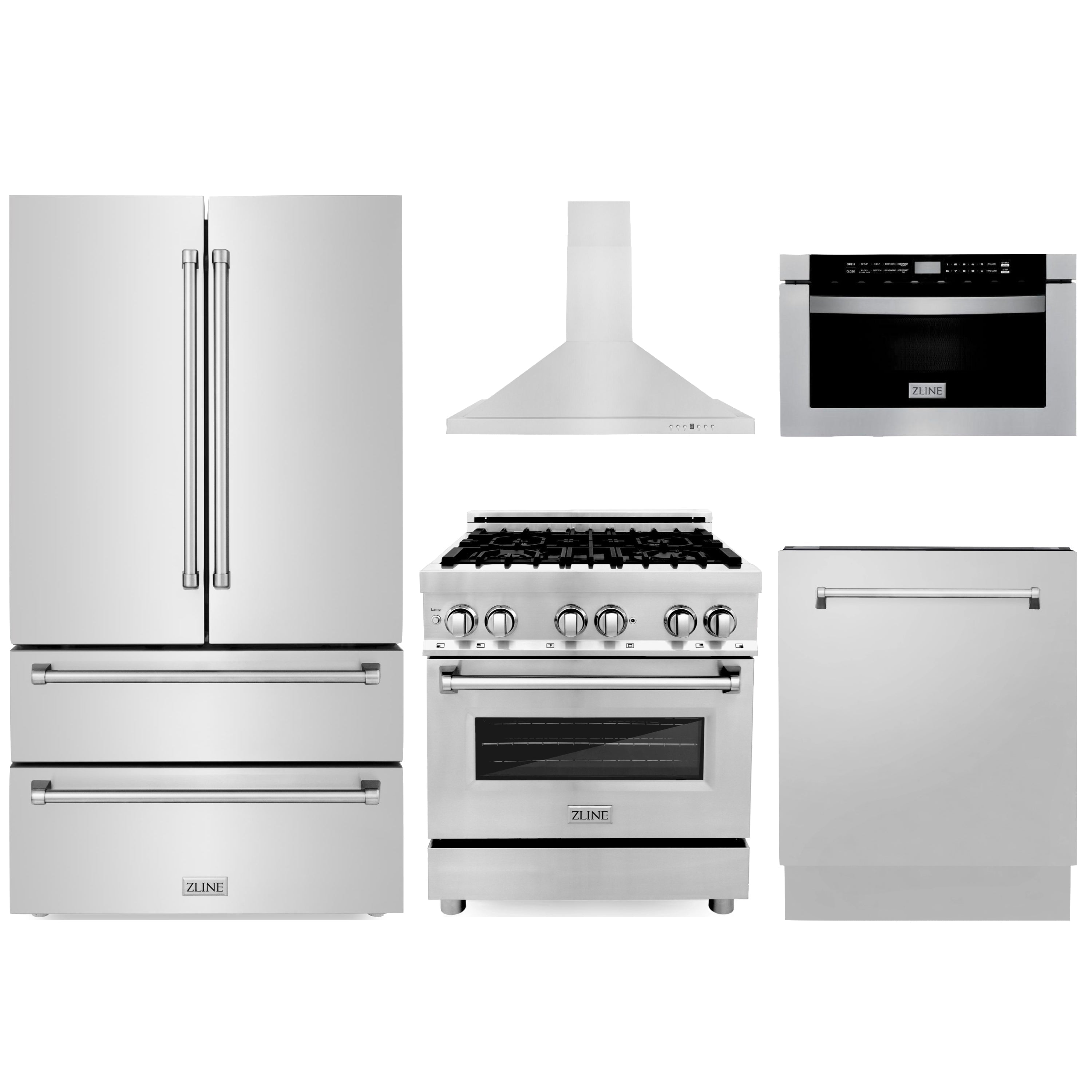 ZLINE 5-Piece Appliance Package - 30" Dual Fuel Range, 36" Refrigerator, Convertible Wall Mount Hood, Microwave Drawer, and 3-Rack Dishwasher in Stainless Steel (5KPR-RARH30-MWDWV)